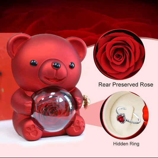 Teddy Beat Rose Ring Necklace Jewelry Box